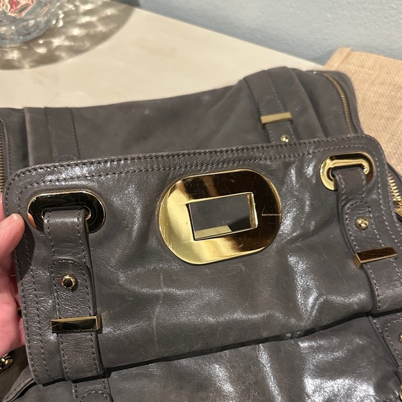 Badgley Mischka Charcoal Leather Satchel with Gold Details